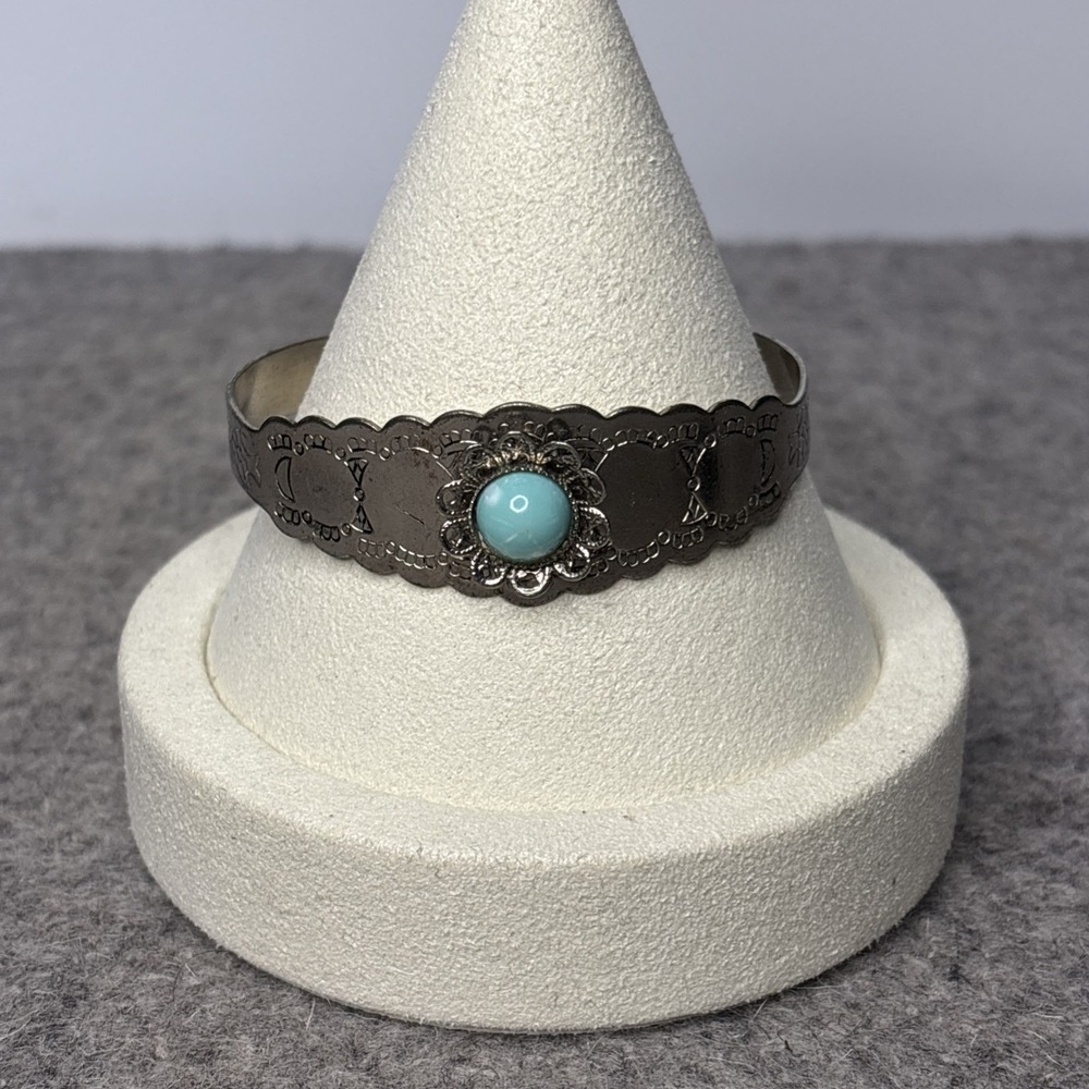 Silver Tone Blue Cabochon Cuff Bracelet Size 6 Ornate Boho Southwestern